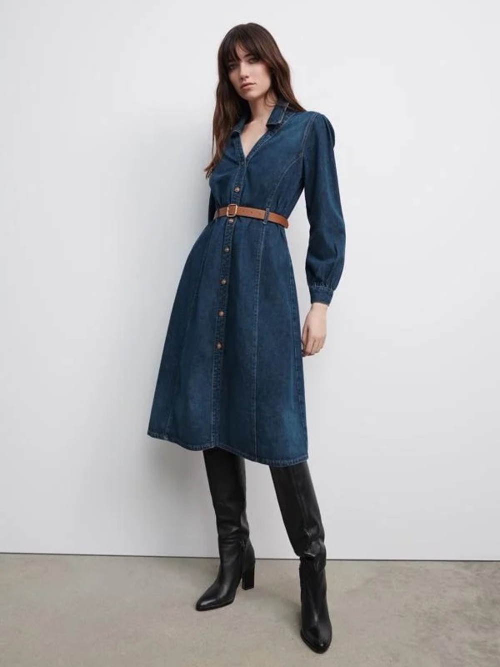 Zara Dark wester Blue Denim Midi Shirt Dress with Brown Belt
